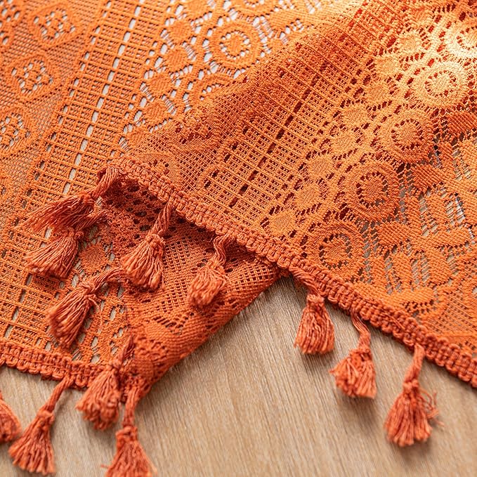 Sutuo Home Boho Valance Short Curtains for Kitchen Crochet Lace Sheer Bohemian Hollow Knitted with Tassels, Privacy Vintage Rustic Farmhouse Drapes, Rod Pocket 1 Panel 59" W x 18" L, Orange-Ruum Studio Home