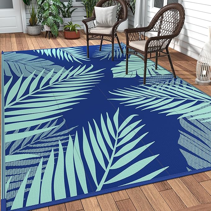 GENIMO Outdoor Rug 6' x 9' Waterproof for Patios Clearance, Reversible Outdoor Plastic Straw Camping Rug Carpet, Large Area Rugs Mats for RV, Camper, Deck, Balcony, Porch, Beach, Royal Blue&Blue Green-Ruum Studio Home