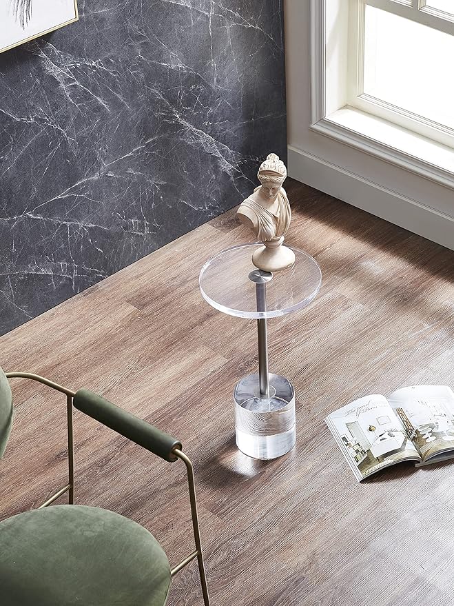 Clear Acrylic End Table,Side Table,Brushed Silver Metal,Round,for Office, Living Room and Bedroom,Easy Assembly,12x12 inch，21.3 inch high-Ruum Studio Home