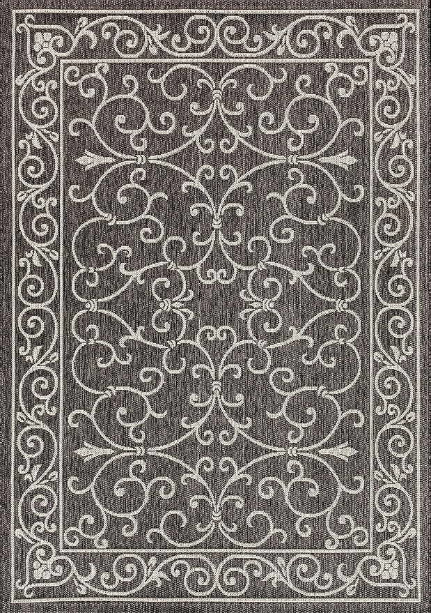 JONATHAN Y Vintage Filigree Indoor Outdoor Area Rug 6X9 Black/Gray, Charleston Textured Weave for Backyard, Patio, Porch, Easy-Cleaning, High Traffic, Pet-Friendly, Non-Shedding (SMB106G-6)-Ruum Studio Home