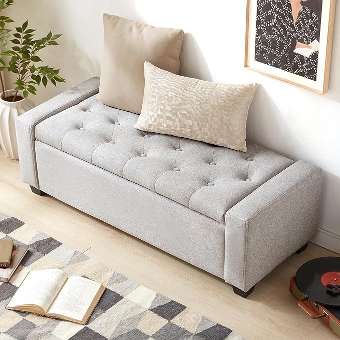 48" Ottoman with Storage, Storage Ottoman Bench with Safety Hinge, Upholstered Entryway Bench with Seating for Bedroom, Living Room, Holds up to 330 lb(Light Gray)-Ruum Studio Home