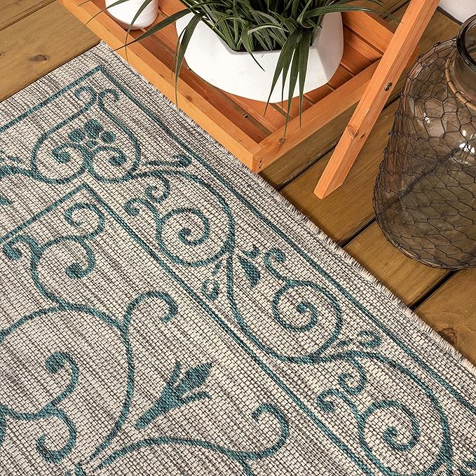 JONATHAN Y Vintage Filigree Indoor Outdoor Round Area Rug 8 Ft Gray/Teal, Charleston Textured Weave for Backyard, Patio, Porch, Easy-Cleaning, High Traffic, Pet-Friendly, Non-Shedding (SMB106E-8R)-Ruum Studio Home