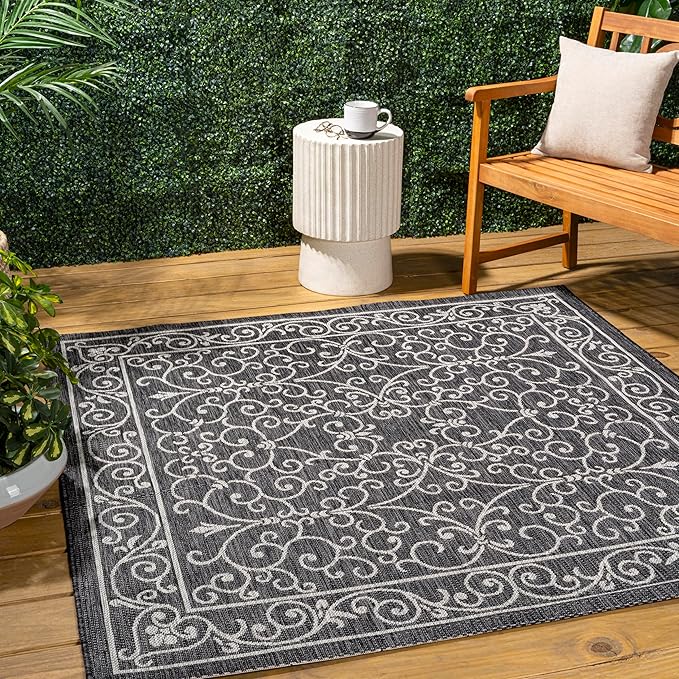 JONATHAN Y Vintage Filigree Indoor Outdoor Square Area Rug 6X6 Black/Gray, Charleston Textured Weave for Backyard, Patio, Porch, Easy-Cleaning, High Traffic, Pet-Friendly, Non-Shedding (SMB106G-6SQ)-Ruum Studio Home