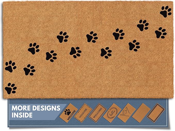 Barnyard Designs Natural Coco Coir Heavy Duty Backing Doormat - Large Cute Non-Slip Front Door Welcome Mat for Outside Entrance or Porch Entry, Brown (17x30, Paws)-Ruum Studio Home