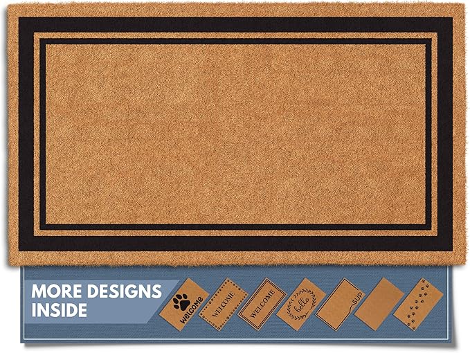 Barnyard Designs Natural Coco Coir Heavy Duty Backing Doormat - Large Cute Non-Slip Front Door Welcome Mat for Outside Entrance or Porch Entry, Brown (17x30, Border)-Ruum Studio Home