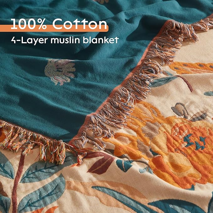 Boho Throw Blanket for Bed 90”x98”, 100% Cotton Woven Blanket for Couch Sofa, Ultra Soft 4-Layer Muslin Quilt with Floral Printed, Farmhouse Bed Blanket/Cover for Living Room Decor-Ruum Studio Home