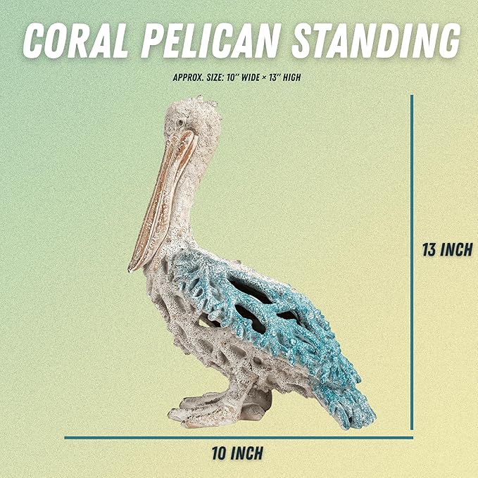 Blue Pelican Standing Figurine 13.75” Coastal Coral Reef Home Decor Nautical Beach Statue for Tabletop Shelf or Mantel Ocean Inspired Room Accents-Ruum Studio Home