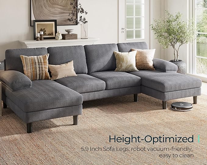 LINSY HOME Sectional Couch, 111'' W Corduroy U Shaped Sofa with Sleepable Armrests, 4 Seat Couch with Double Chaises, Deep Sofa for Living Room, Grey-Ruum Studio Home