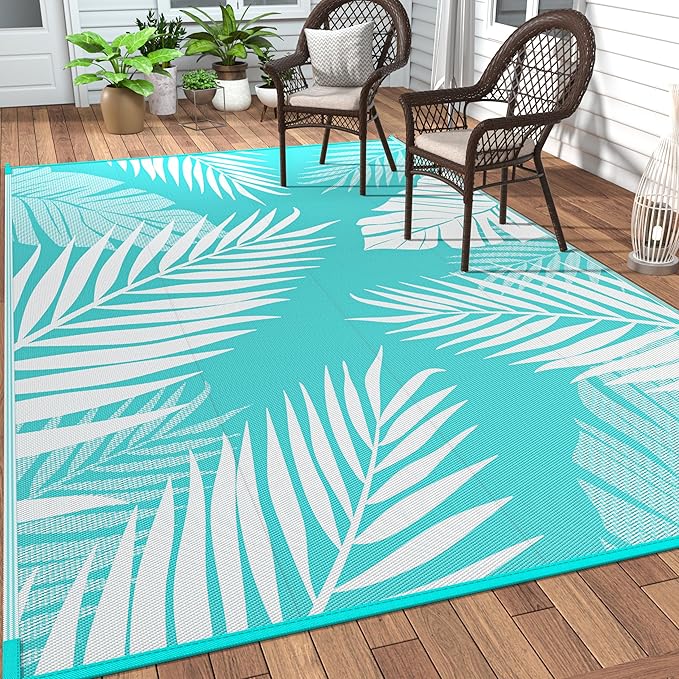 GENIMO Outdoor Rug 9' x 12' Waterproof for Patios Clearance, Reversible Outdoor Plastic Straw Camping Rug Carpet, Large Area Rugs Mats for RV, Camper, Deck, Balcony, Porch, Beach, Aqua Blue&White-Ruum Studio Home