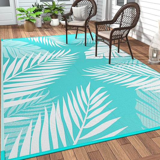 GENIMO Outdoor Rug 9' x 12' Waterproof for Patios Clearance, Reversible Outdoor Plastic Straw Camping Rug Carpet, Large Area Rugs Mats for RV, Camper, Deck, Balcony, Porch, Beach, Aqua Blue&White-Ruum Studio Home