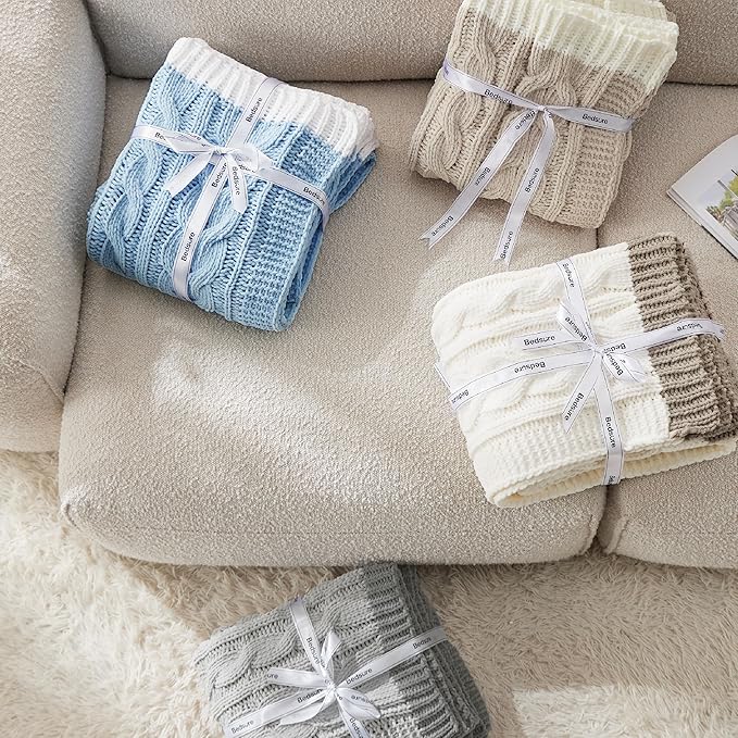 Bedsure Cable Knit Twin Blanket for Couch Bed - Breathable Chenille Chunky Knit Twin Blanket for Decorative Gift, GentleSoft Cozy and Warm for Winter and All Seasons, Beige, 60x80 Inches-Ruum Studio Home