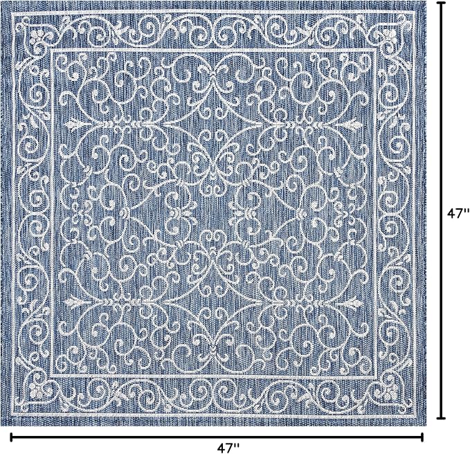 JONATHAN Y Vintage Filigree Indoor Outdoor Square Area Rug 4X4 Navy/Gray, Charleston Textured Weave for Backyard, Patio, Porch, Easy-Cleaning, High Traffic, Pet-Friendly, Non-Shedding (SMB106D-4SQ)-Ruum Studio Home