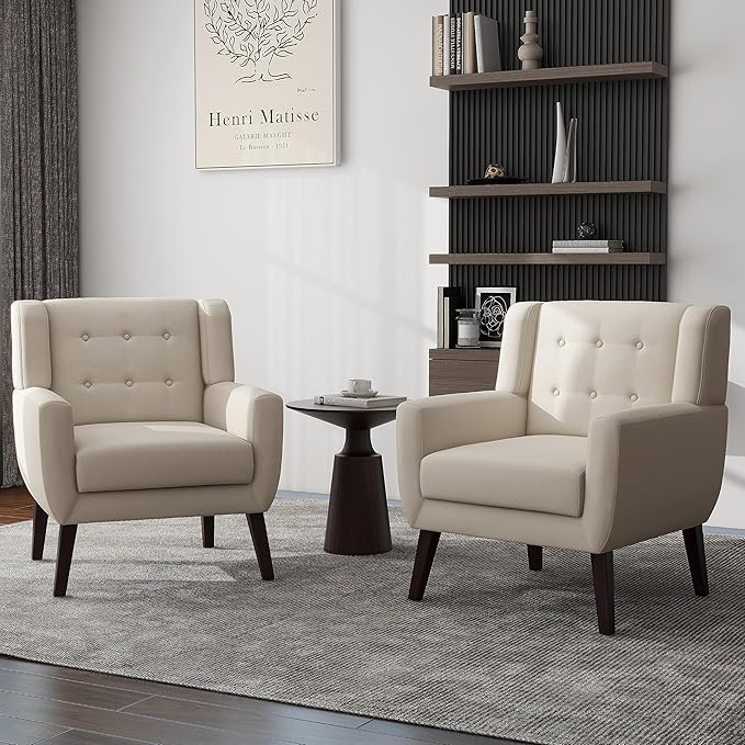 UIXE Accent Chair, Modern Upholstered Armchair in Fabric for Living Room, Comfy Club Arm Chairs Single Sofa Button Tufted Bedroom Reading Seat - White, Set of 1-Ruum Studio Home