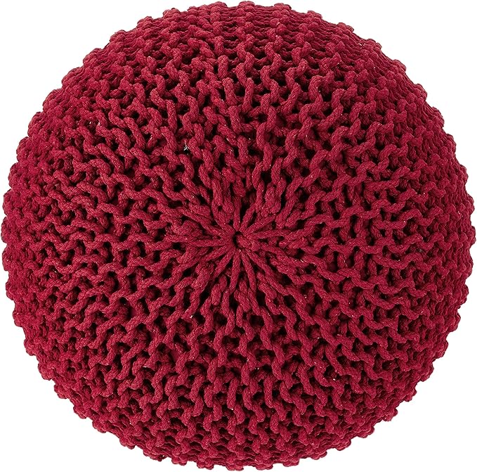 REDEARTH Round Pouf Ottoman - Hand Knitted Cable Boho Poof - Foot Stool Bean Bag - Home Décor Stuffed Footrest for Living Room - Nursery - Bedroom - 100% Cotton Poufs (19.5"x19.5"x14") - Red-Ruum Studio Home