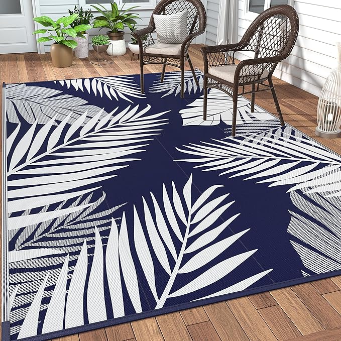 GENIMO Outdoor Rug 5' x 8' Waterproof for Patios Clearance, Reversible Outdoor Plastic Straw Camping Rug Carpet, Large Area Rugs Mats for RV, Picnic, Backyard, Deck, Balcony, Porch, Beach, Blue&White-Ruum Studio Home