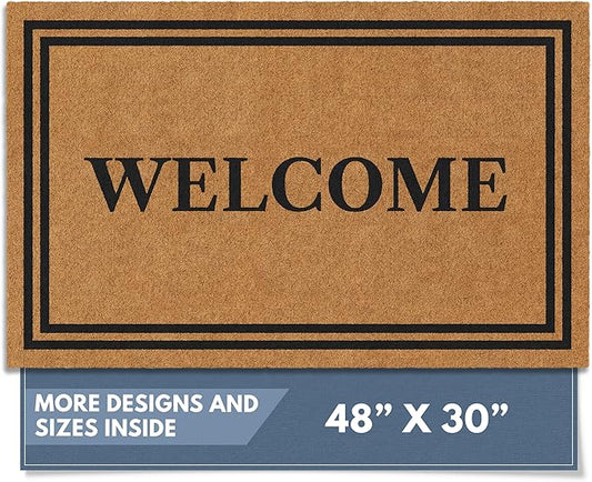 Barnyard Designs Natural Coco Coir Heavy Duty Backing Doormat - Large Cute Non-Slip Front Door Welcome Mat for Outside Entrance or Porch Entry, Brown (30x48, Welcome)-Ruum Studio Home