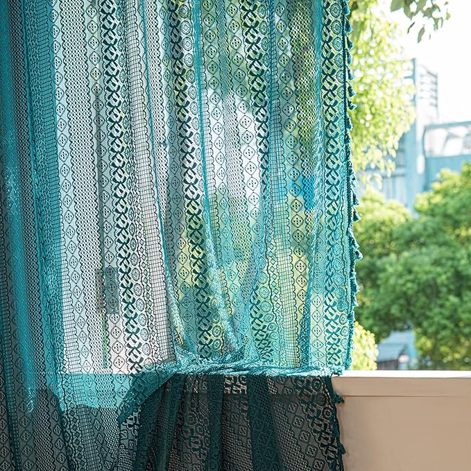 Sutuo Home Boho Curtains 72 inches Long for Bedroom Living Room, Crochet Lace Sheer Bohemian Hollow Knitted with Tassels, Rod Pocket Window Treatment Drapes, 1 Panel 59" W x 72" L, Turquoise-Ruum Studio Home
