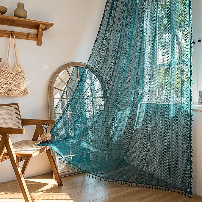 Sutuo Home Boho Curtains 96 inches Long for Bedroom Living Room Nursery Room, Crochet Lace Sheer Bohemian Hollow with Tassels,Window Treatment Drapes, Rod Pocket 1 Panel 59" W x 96" L, Turquoise-Ruum Studio Home