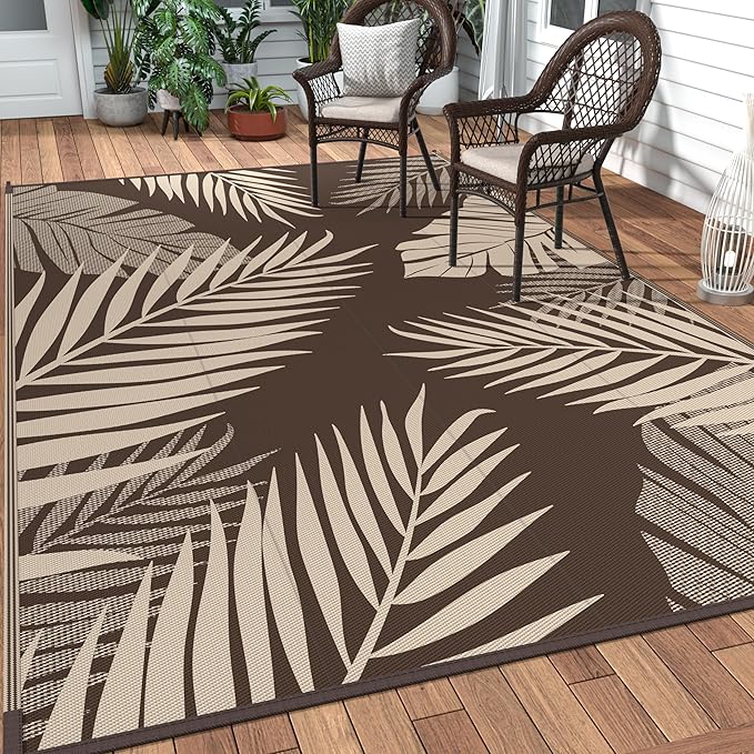 GENIMO Outdoor Rug 8' x 10' Waterproof for Patios Clearance, Reversible Outdoor Plastic Straw Camping Rug Carpet, Large Area Rugs Mats for RV, Camper, Deck, Balcony, Porch, Beach, Picnic, Coffee&Beige-Ruum Studio Home
