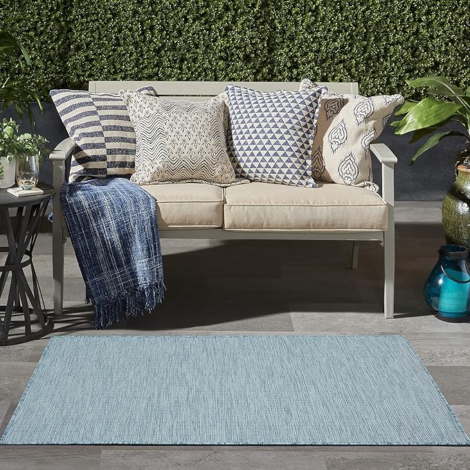 Nourison Positano Indoor/Outdoor Aqua 3' x 5' Area Rug, Easy Cleaning, Non Shedding, Bed Room, Living Room, Dining Room, Backyard, Deck, Patio (3x5)-Ruum Studio Home