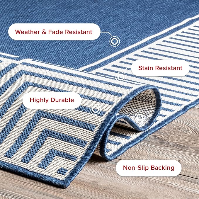 nuLOOM 4' x 6' Outdoor Area Rug, Casual Design With Striped Border, Stain Resistant, Highly Durable, For Patio, Balcony, Bedroom, Living Room, Dining Room, Bathroom, Navy-Ruum Studio Home