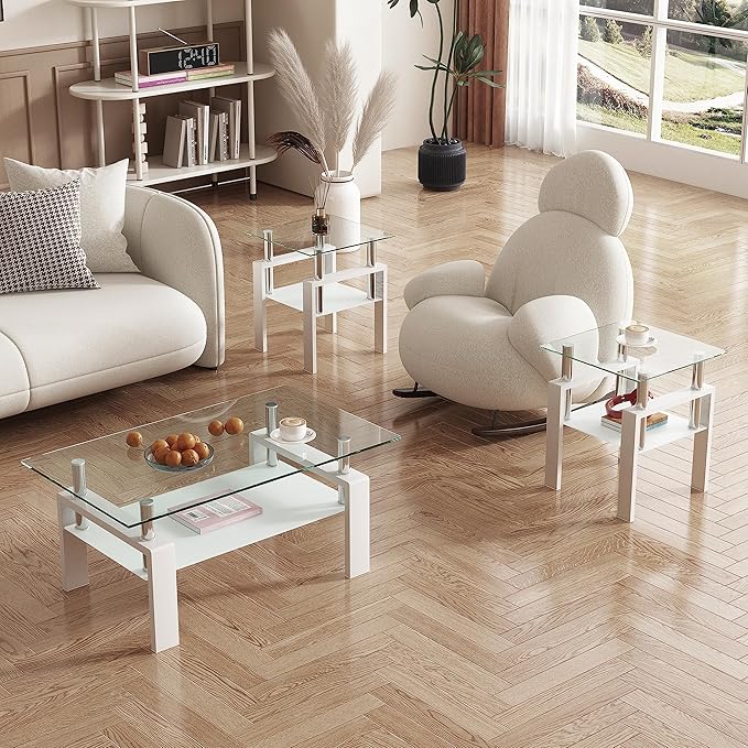 Glass Coffee Table Rectangle White Living Room Center Table, 39inch Transparent Tempered Glass Tabletop and Metal Frame, White + Clear Glass-Ruum Studio Home