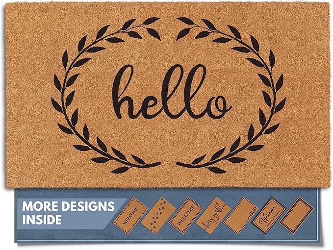 Barnyard Designs Natural Coco Coir Heavy Duty Backing Doormat - Large Cute Non-Slip Front Door Welcome Mat for Outside Entrance or Porch Entry, Brown (17x30, Hello Wreath)-Ruum Studio Home