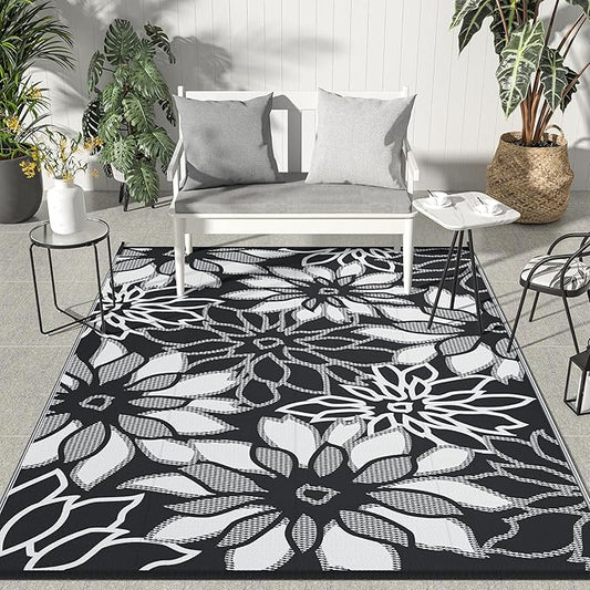 GENIMO Outdoor Rug Waterproof for Patio Decor, 8' x 10' Reversible Plastic Straw Floral Camping Carpet, Large Area Rugs Mats for RV, Camper, Deck, Balcony, Porch, Beach, Picnic, Black & White-Ruum Studio Home