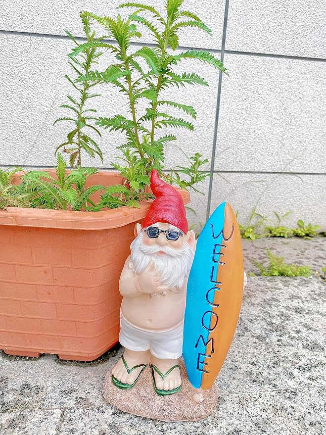 Surfer Garden Sculpture | Party Gnome Garden Statue |Surfing gnome |Funny Lawn Gnome Statue - 10 inches-Ruum Studio Home