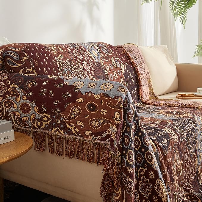 Boho Throw Blanket for Bed 80”x90”, 100% Cotton Woven Blanket for Couch Sofa, Ultra Soft 4-Layer Muslin Quilt with Patchwork Floral Printed, Farmhouse Bed Blanket/Cover for Living Room Decor-Ruum Studio Home