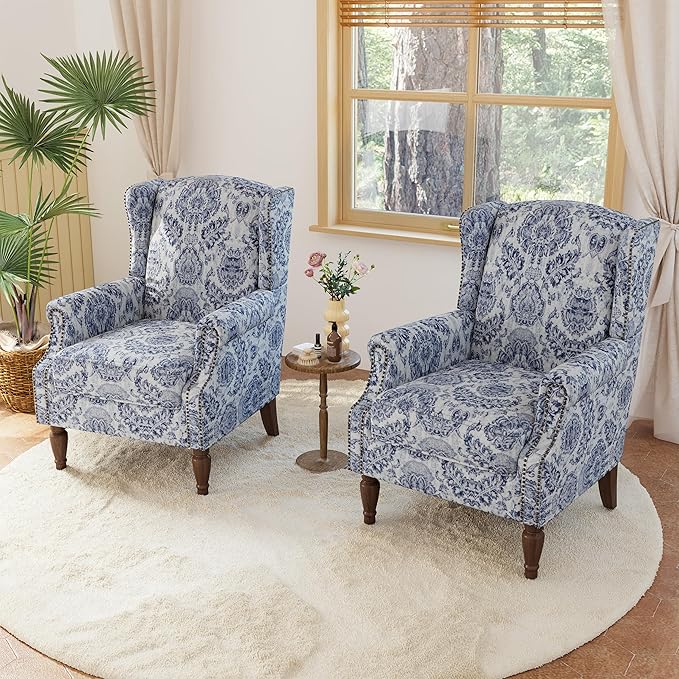 Lumibee High Back Accent Chair Set of 2, Armchair in Fabric,Comfy Upholstered Wingback Single Sofa Reading Chairs with Solid Wood Legs for Living Room,Bedroom,Office-Navy-Ruum Studio Home