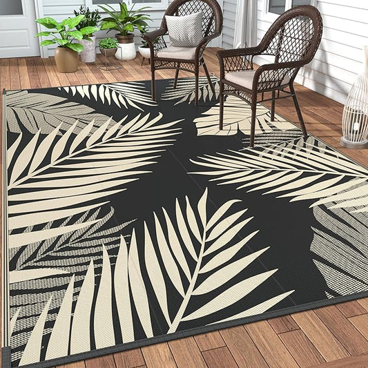 GENIMO Outdoor Rug 10' x 14' Waterproof for Patios Clearance, Reversible Outdoor Plastic Straw Camping Rug Carpet, Large Area Rugs Mats for RV, Camper, Deck, Balcony, Porch, Beach, Picnic, Black&Beige-Ruum Studio Home