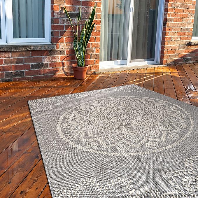 CAMILSON Outdoor Rug 6x9 Modern Area Rugs for Indoor and Outdoor Patios and Porches - Waterproof, Washable, Non-Shedding, Easy-to-Clean Outside Carpet (6 x 9, Medallion - Grey/White)-Ruum Studio Home