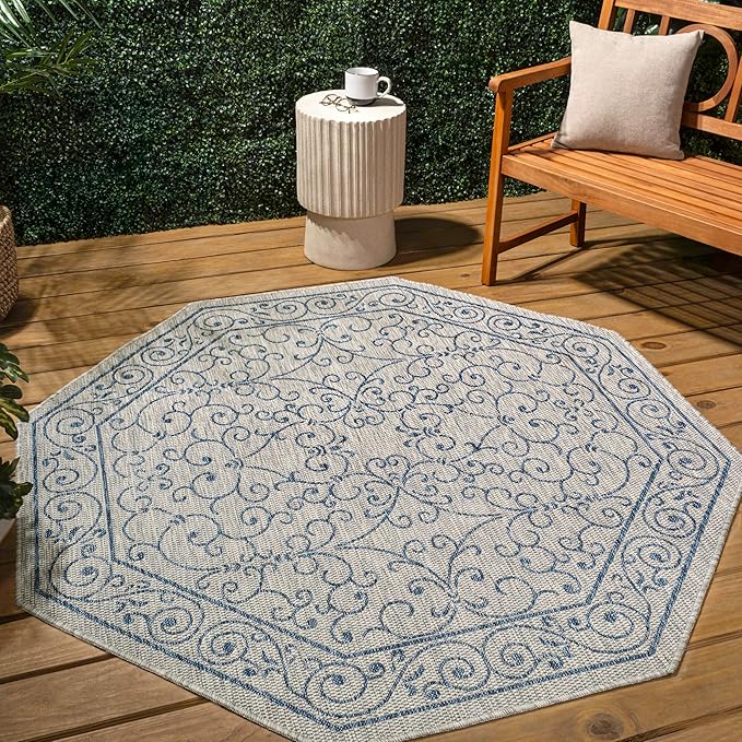 JONATHAN Y Vintage Filigree Indoor Outdoor Octagon Area Rug 5 Ft Gray/Navy, Charleston Textured Weave for Backyard, Patio, Porch, Easy-Cleaning, High Traffic, Pet-Friendly, Non-Shedding SMB106C-5TGN-Ruum Studio Home