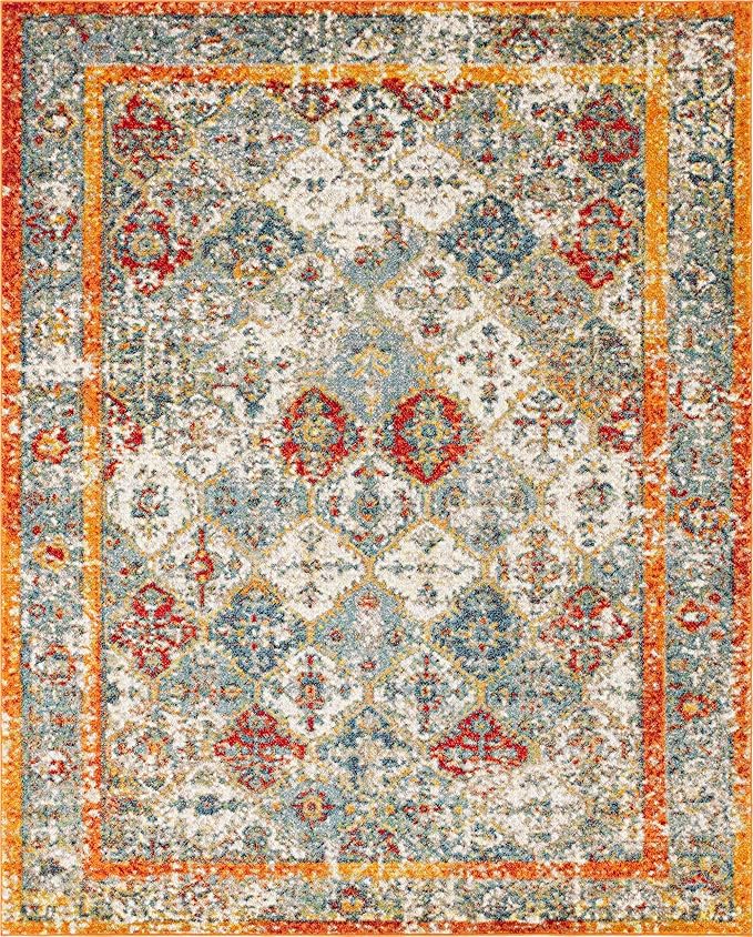 Unique Loom Rosso Collection Vintage, Traditional, Bohemian, Geometric, Distressed, Southwestern Area Rug, 8' 0" x 10' 0", Beige/Orange-Ruum Studio Home