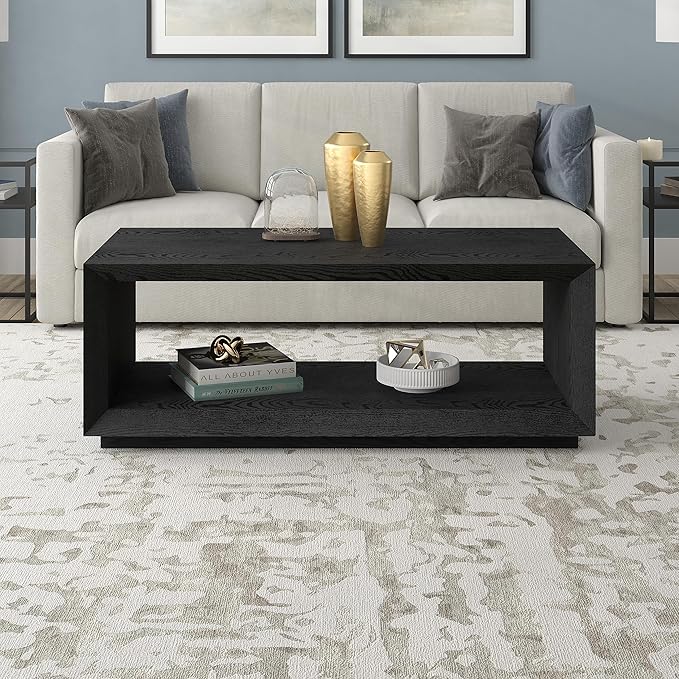 Henn&Hart 48" Rectangular Coffee Table with Open Storage Shelf for Living Room, Family Room, or Office, Black Grain-Ruum Studio Home
