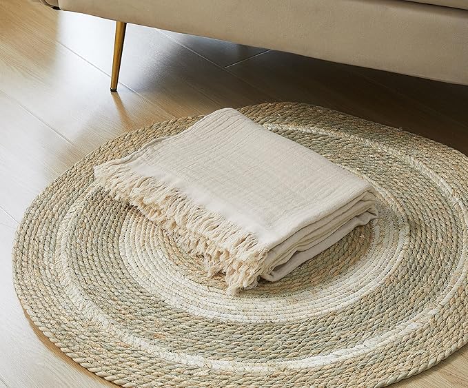 100% Cotton Muslin Throw Blanket for Bed, Couch, Small, Decorative, Soft, Pre-Washed, Breathable and Lightweight Gauze Blanket with Tassels, Suitable for All Seasons, Beige, 50"x60"-Ruum Studio Home