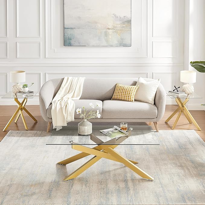 Modern Style Square Side Table with Tempered Glass Top and Metal Tubular Legs, Gold 20”Dx20”Wx22”H-Ruum Studio Home