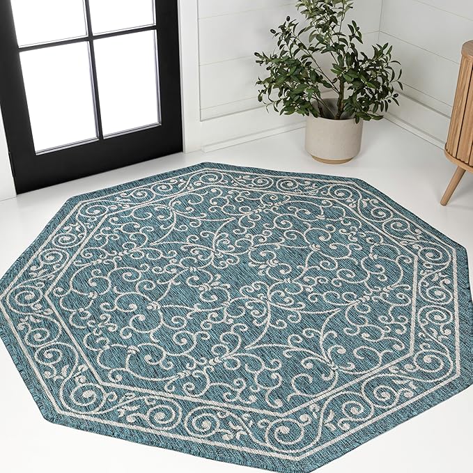 JONATHAN Y Vintage Filigree Indoor Outdoor Octagon Area Rug 8 Ft Teal/Gray, Charleston Textured Weave for Backyard, Patio, Porch, Easy-Cleaning, High Traffic, Pet-Friendly, Non-Shedding SMB106F-8TGN-Ruum Studio Home