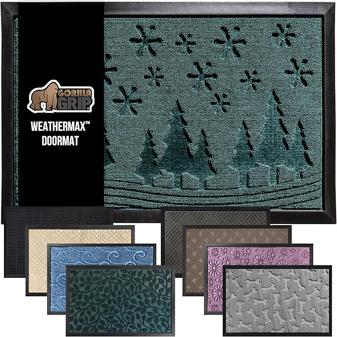 GORILLA GRIP 100% Waterproof All-Season WeatherMax Doormat 35x23, US Designed Natural Rubber, Stain and Fade Resistant, Low Profile Indoor Outdoor Door Mats, Easy Clean Patio Mat, Green Snowscape-Ruum Studio Home