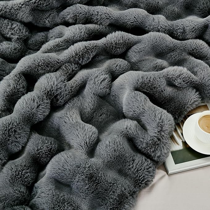 DREAMNINE Large Soft Thick Fuzzy Bubble Faux Rabbit Fur Bed Blanket Queen Size 80" x 90",Reversible Gray Plush Big Warm Shaggy Fluffy Blankets for Sofa, Solid Luxury Cozy Cute Bumpy Furry Blanket,Grey-Ruum Studio Home
