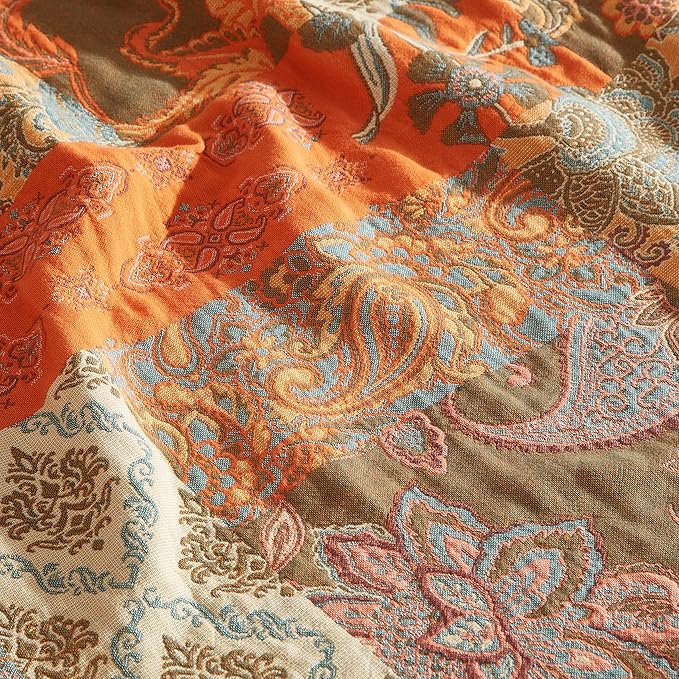 Boho Throw Blanket for Bed 90”x98”, 100% Cotton Woven Blanket for Couch Sofa, Ultra Soft 4-Layer Muslin Quilt with Patchwork Floral Printed, Farmhouse Bed Blanket/Cover for Living Room Decor-Ruum Studio Home
