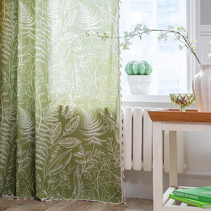 Sutuo Home Boho Curtain 84 Inches Length for Bedroom, Printed Cotton Linen Rod Pocket Rustic Farmhouse Bohemian Tassels Window Treatment, 1 Panel 59" W x 84" L, Green Tropical Leaves-Ruum Studio Home