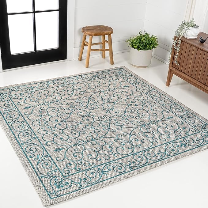 JONATHAN Y Vintage Filigree Indoor Outdoor Square Area Rug 5X5 Gray/Teal, Charleston Textured Weave for Backyard, Patio, Porch, Easy-Cleaning, High Traffic, Pet-Friendly, Non-Shedding (SMB106E-5SQ)-Ruum Studio Home