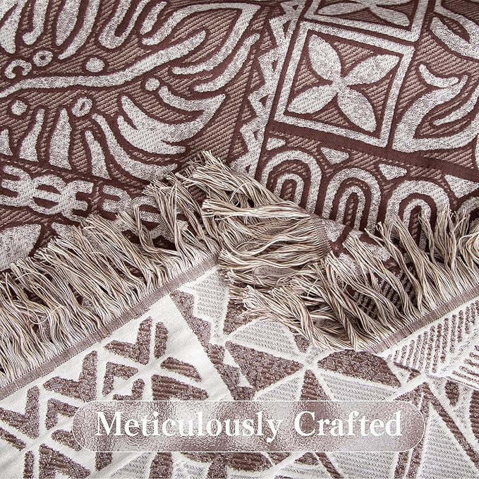 Boho Throw Blanket Twin Size, Soft Cozy Cotton Muslin Quilt Blanket for Bed Decor, Patchwork Block Couch Sofa Chair Cover, Vintage Farmhouse Cottage Tapestry Woven Blanket, Brown&White-Ruum Studio Home