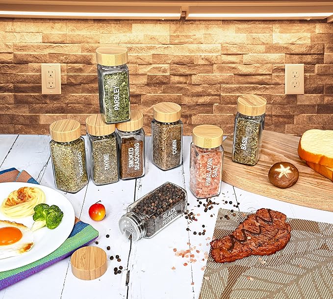 Set of 24 Glass Spice Jars with Various Labels, Bamboo Shaker Lids & Funnel, Kitchen Storage Jars with Airtight Lid, Spices & Seasonings Sets Organizer, Spice Containers, Glass Jar Food Canister-Ruum Studio Home
