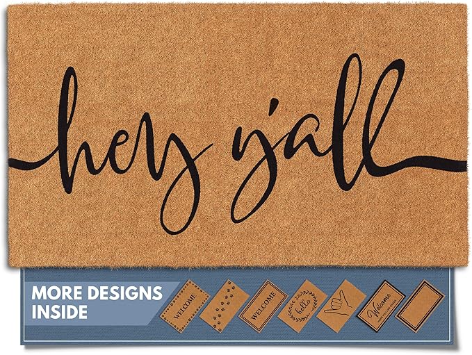 Barnyard Designs Natural Coco Coir Heavy Duty Backing Doormat - Large Cute Non-Slip Front Door Welcome Mat for Outside Entrance or Porch Entry, Brown (17x 30, Y'all)-Ruum Studio Home