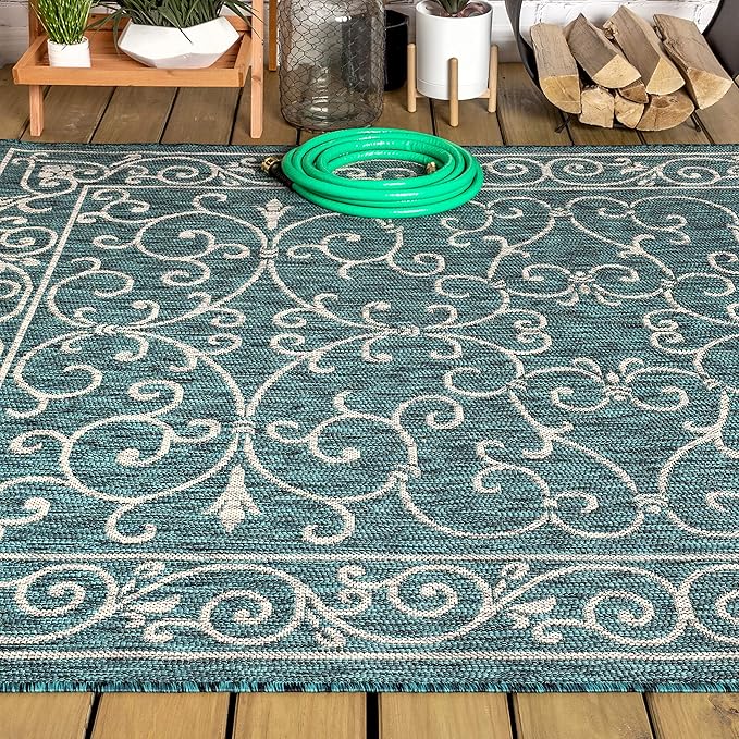 JONATHAN Y Vintage Filigree Indoor Outdoor Area Rug 4X6 Teal/Gray, Charleston Textured Weave for Backyard, Patio, Porch, Easy-Cleaning, High Traffic, Pet-Friendly, Non-Shedding (SMB106F-4)-Ruum Studio Home
