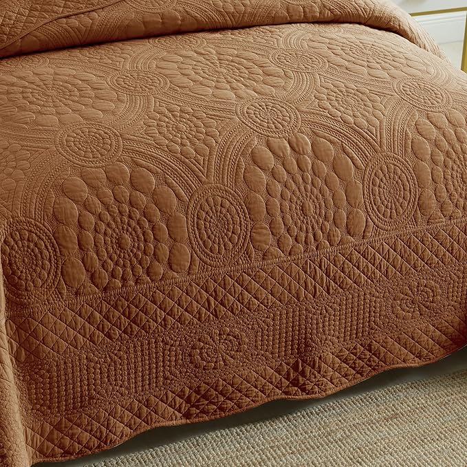 MarCielo 3-Piece 100% Cotton Oversized Bedspread Lightweight Quilt Coverlet Embroidery Farmhouse Bedding Set (Tf Dusty Orange, Oversized Queen (100"x106"))-Ruum Studio Home