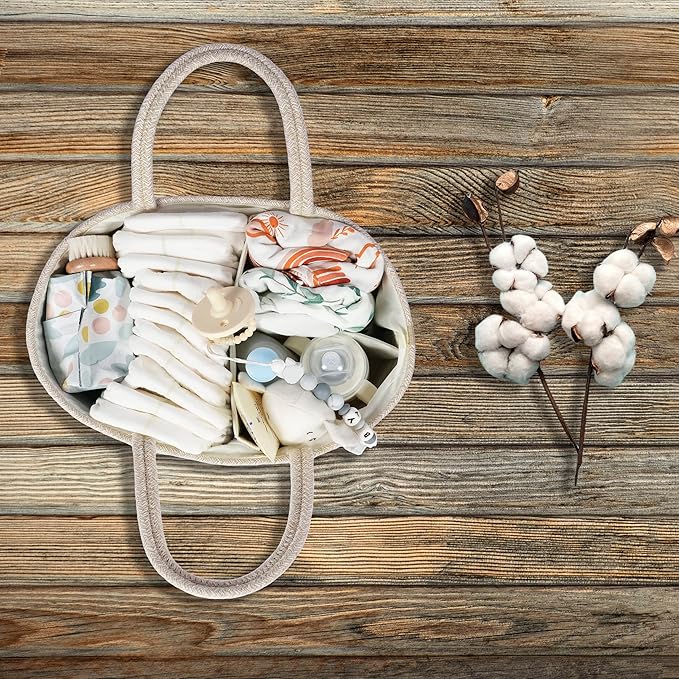 Baby Diaper Caddy Organizer for Girl Boy Cotton Rope Nursery Storage Bin Basket Portable Holder Tote Bag for Changing Table Car Travel Baby Shower Gifts Newborn Registry Must Have Items oatmeal-Ruum Studio Home